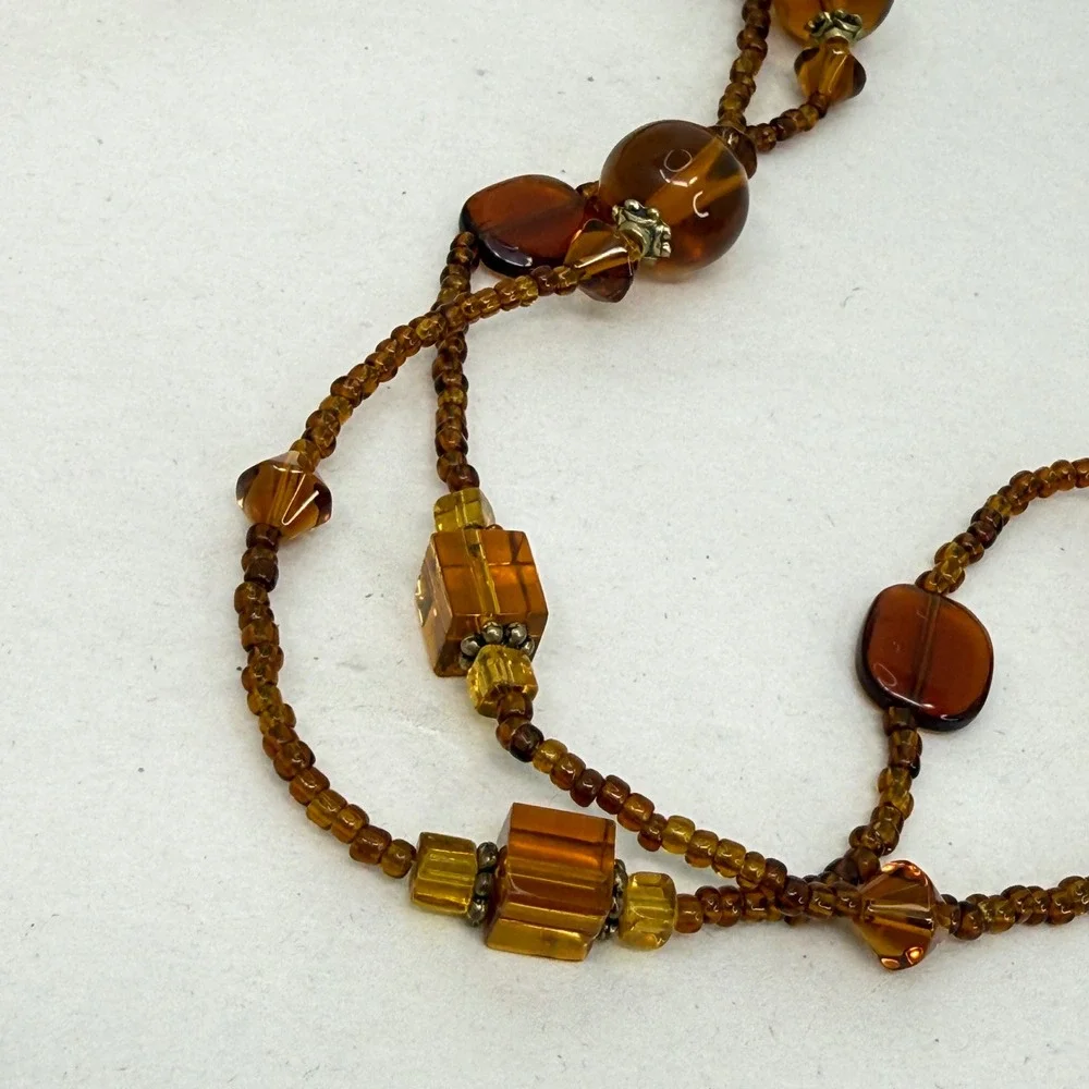 Long Amber Toned Beaded Necklace Geometric Glass Honey Cognac Brown Flapper 72in